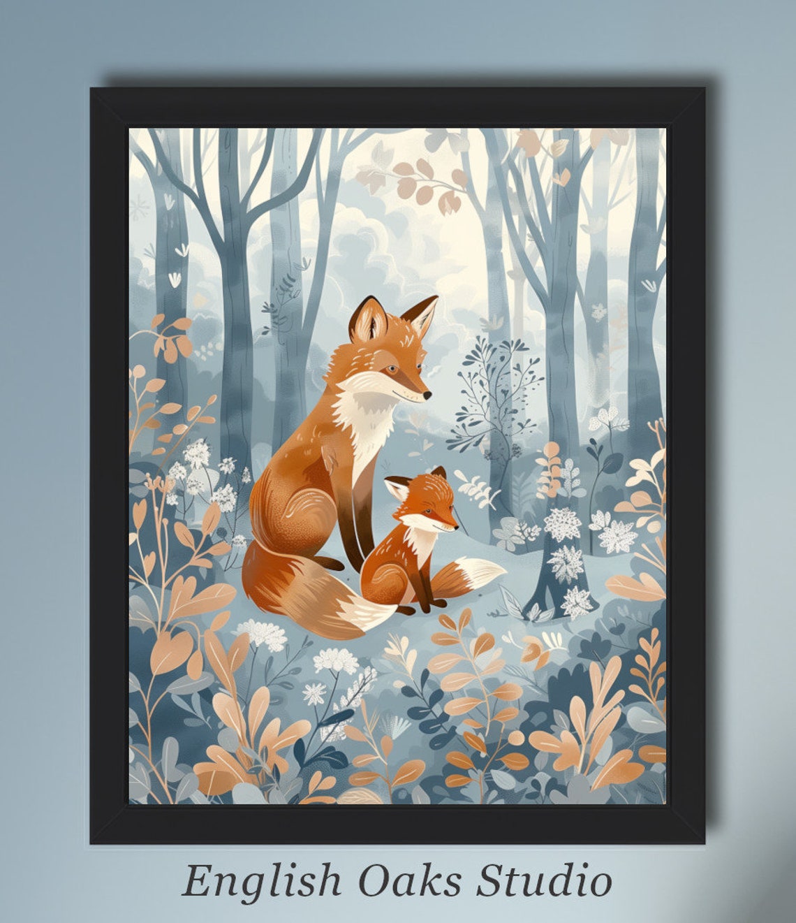 Fox Parent and Baby Kit in Misty Blue Woodland Nursery Poster