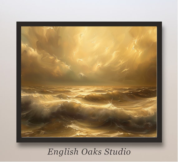 Ocean Moody Golden Neutral Sunset Beach House Decor Print Sunset Seascape Coastal Decor Painting