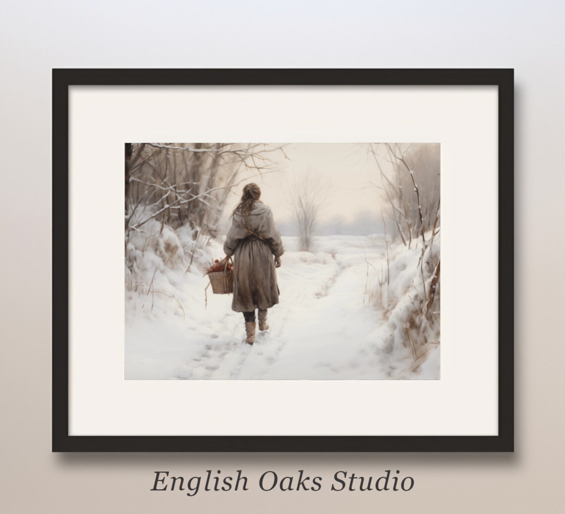 Woman Walking Snowy Forest Path Vintage Winter Countryside Art Print