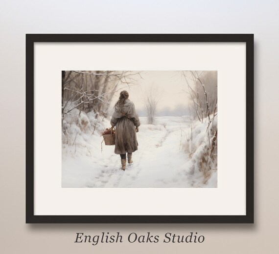 Woman Walking Snowy Forest Path Vintage Winter Countryside Art Print