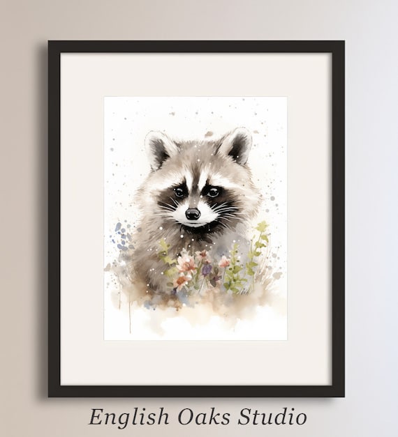 Raccoon Watercolor Portrait Wildflowers Neutral Woodland Print