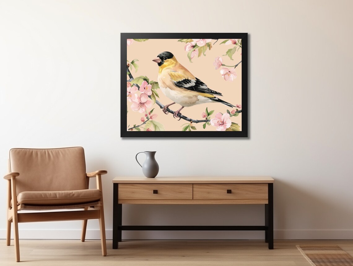 Spring Yellow Bird Cherry Blossom Tree Art Print - Image 2