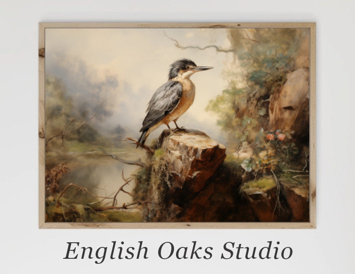 Vintage Kingfisher Perched On A Mossy Stump By The Water Poster