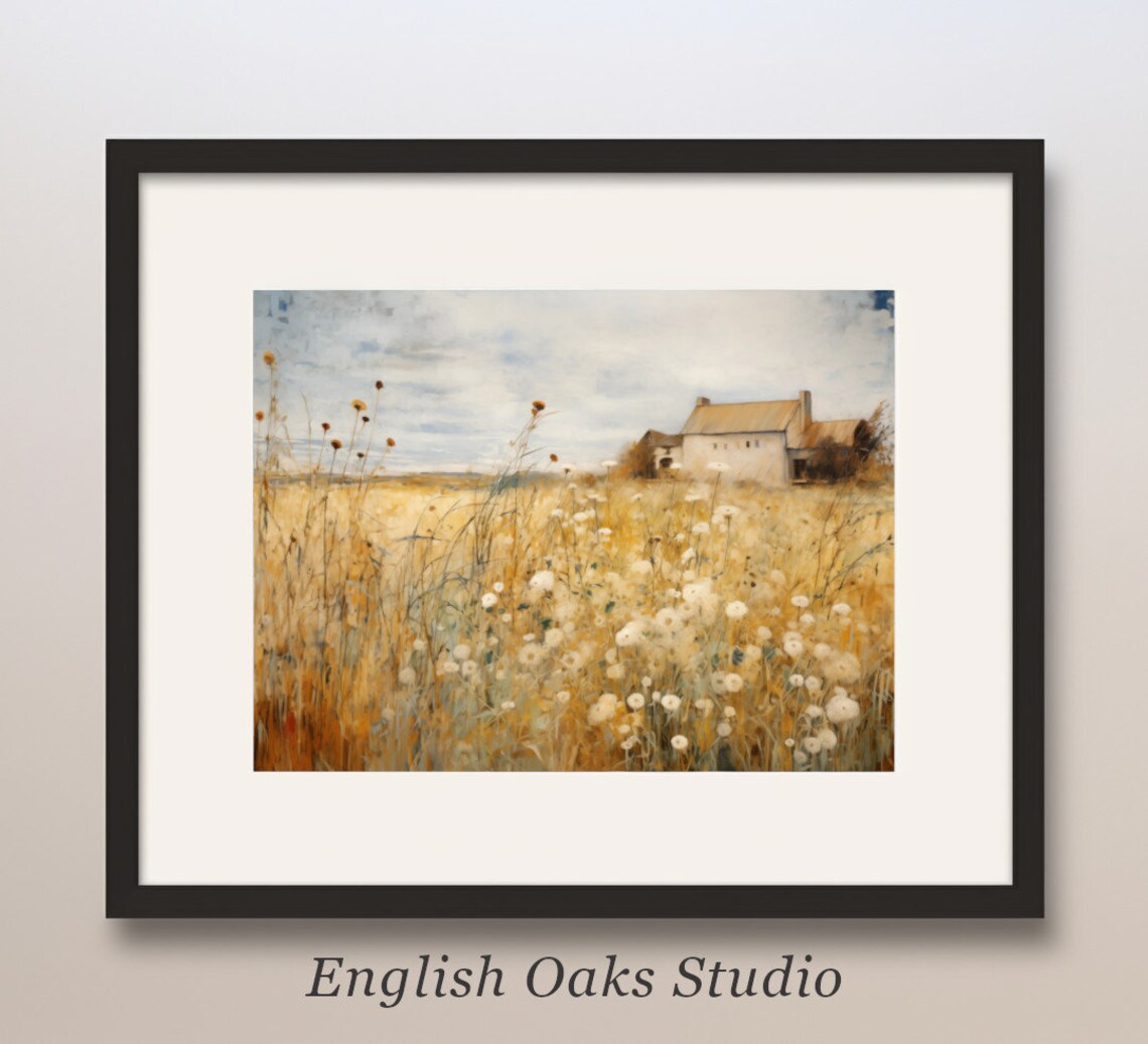 Farmhouse in Golden Wildflower Field Impressionist Country Poster
