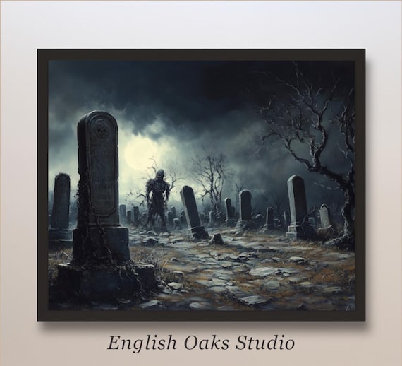 Zombie Walking in Haunted Cemetery Under Full Moon Spooky Gothic Art Poster