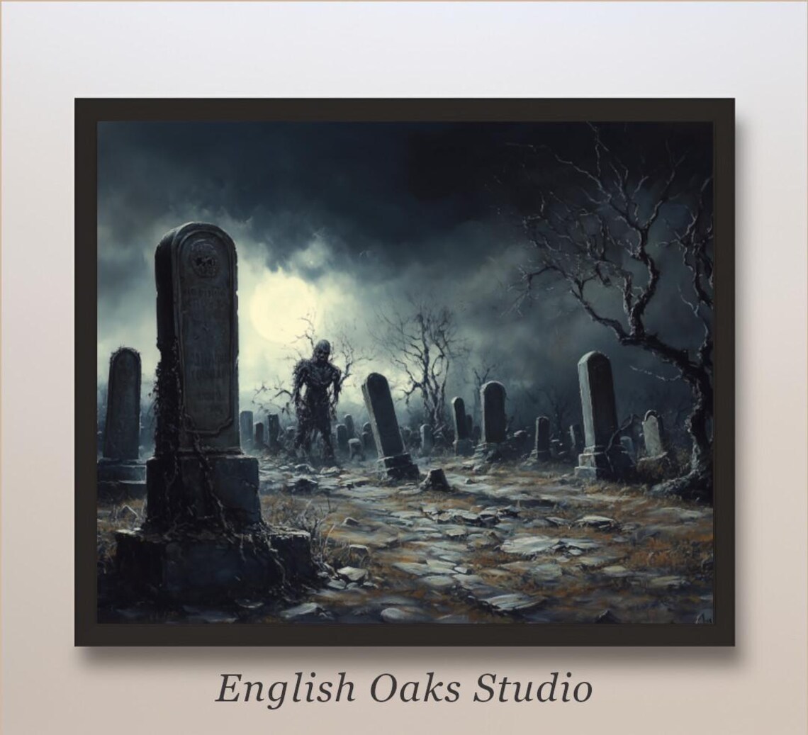 Zombie Walking in Haunted Cemetery Under Full Moon Spooky Gothic Art Poster