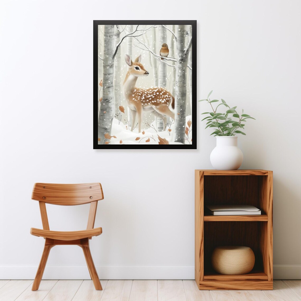 Spotted Fawn And Bird In Snowy Birch Forest Winter Animal Poster - Image 2