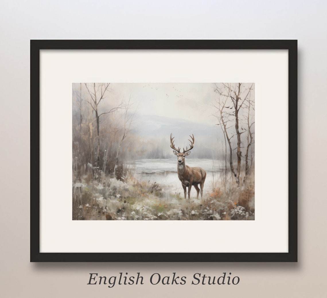Stag Deer by Winter Lake Misty Woodland Vintage Neutral Poster
