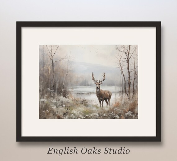 Stag Deer by Winter Lake Misty Woodland Vintage Neutral Poster