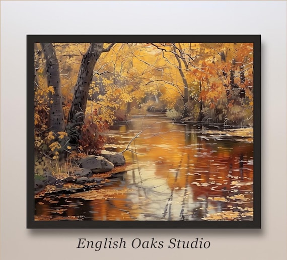 Golden Autumn River Forest Vintage Oil Painting Fall Landscape Art Poster