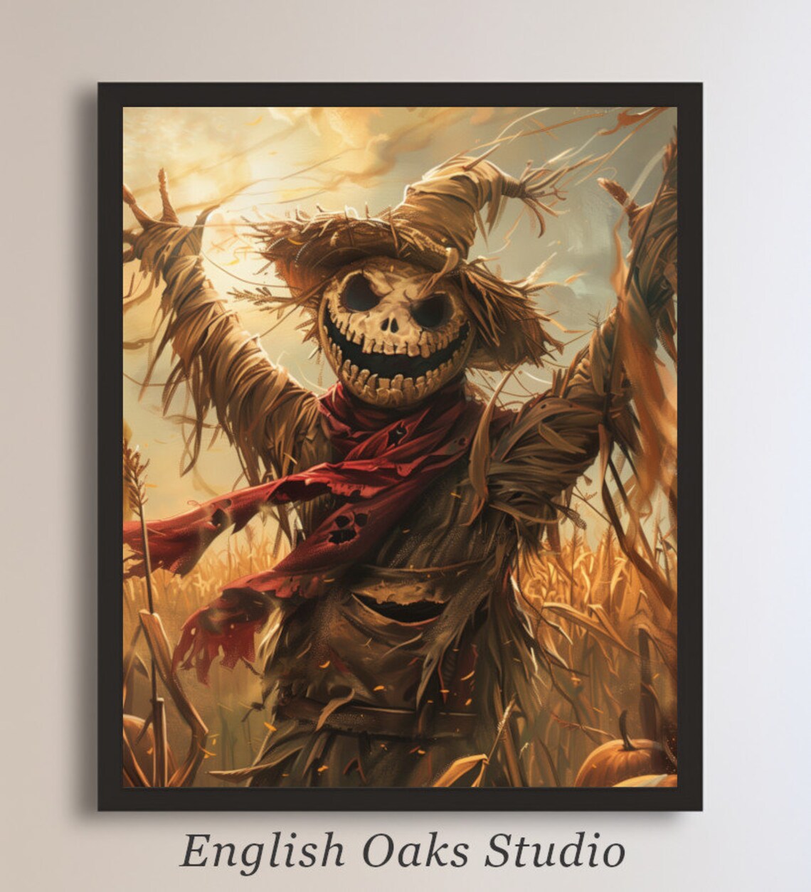 Grinning Pumpkin Head Scarecrow in Cornfield Sunset Fall Harvest Poster