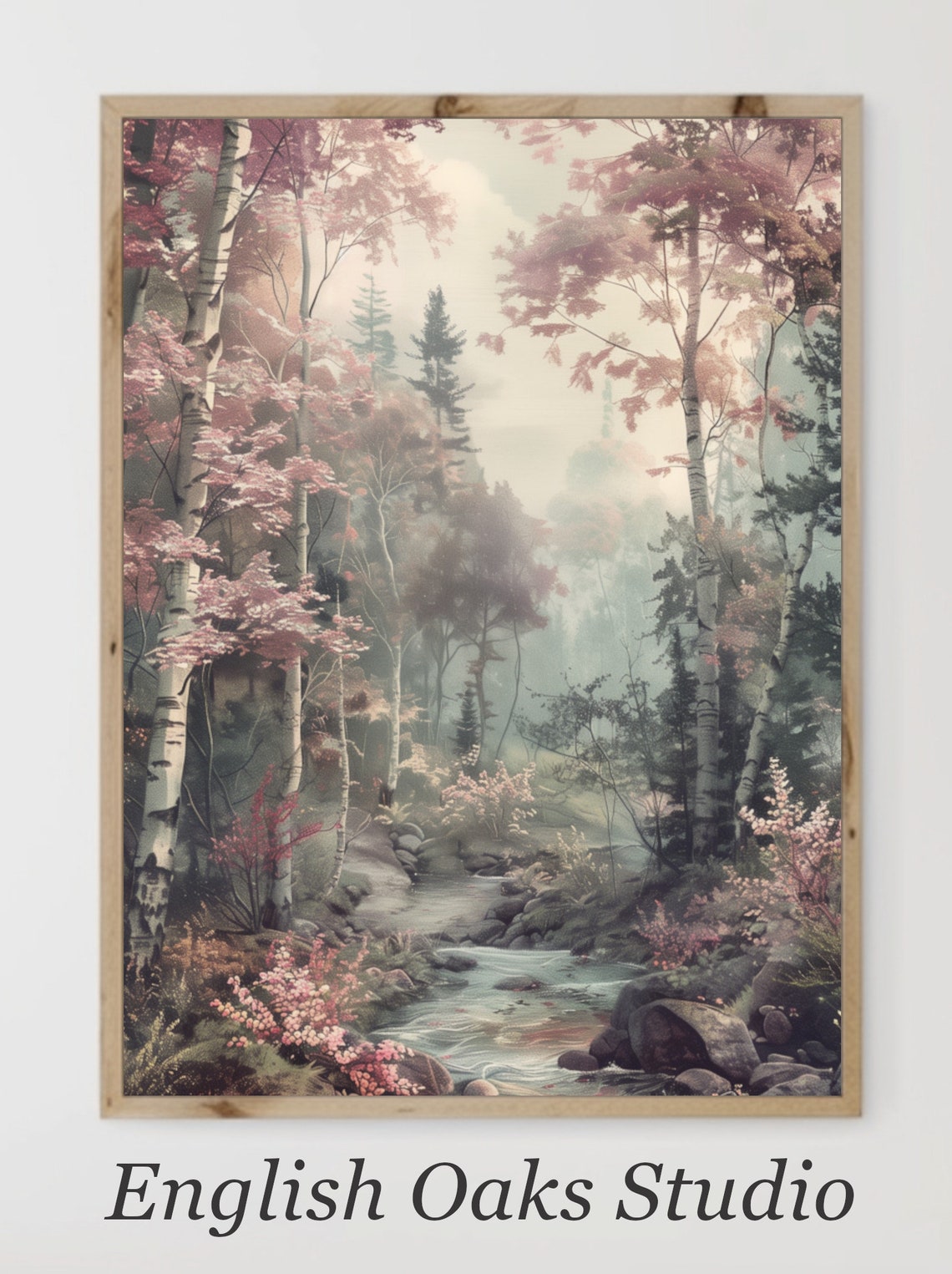Misty Pastel Forest With Pink Blossoms And A Gentle Stream Poster