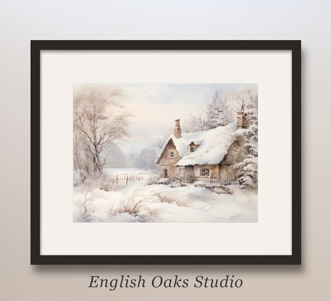Snow Laden Stone Cottage with Thatched Roof Winter Morning Poster