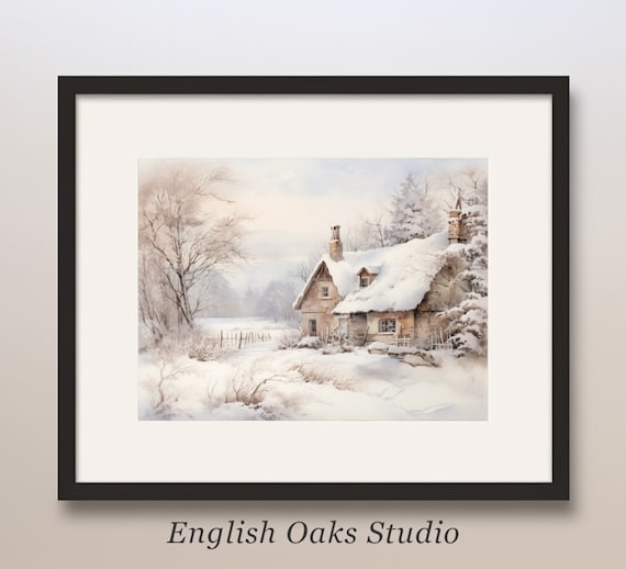 Snow Laden Stone Cottage with Thatched Roof Winter Morning Poster