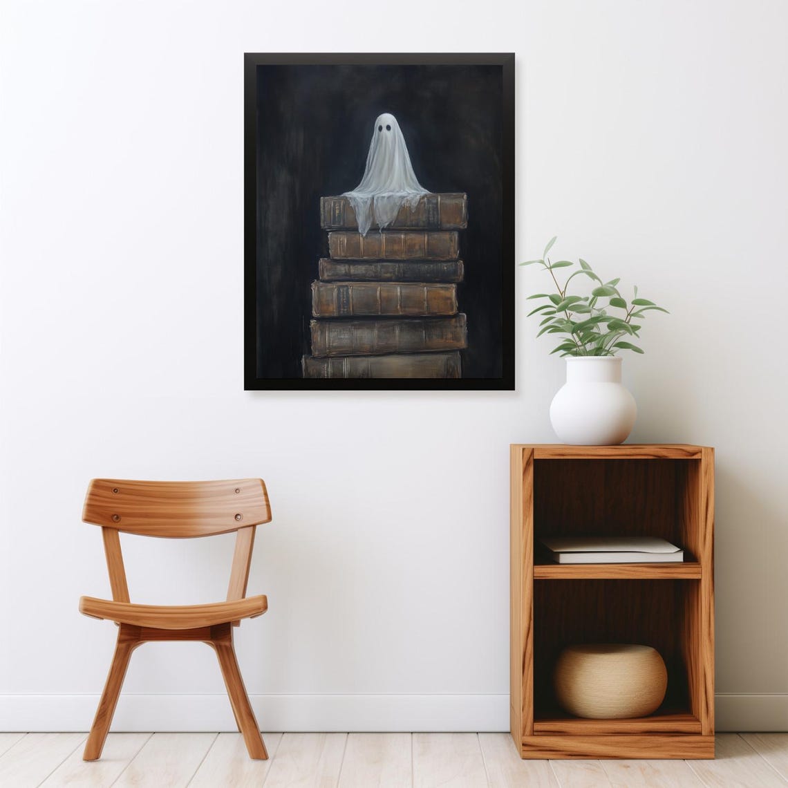 Moody Vintage Halloween Cute Ghost On Books Painting Rustic Goth Magical Books Still Life Print - Image 2