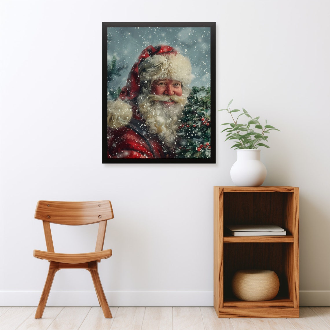 Smiling Santa Claus Portrait Falling Snow Christmas Painting Poster - Image 2