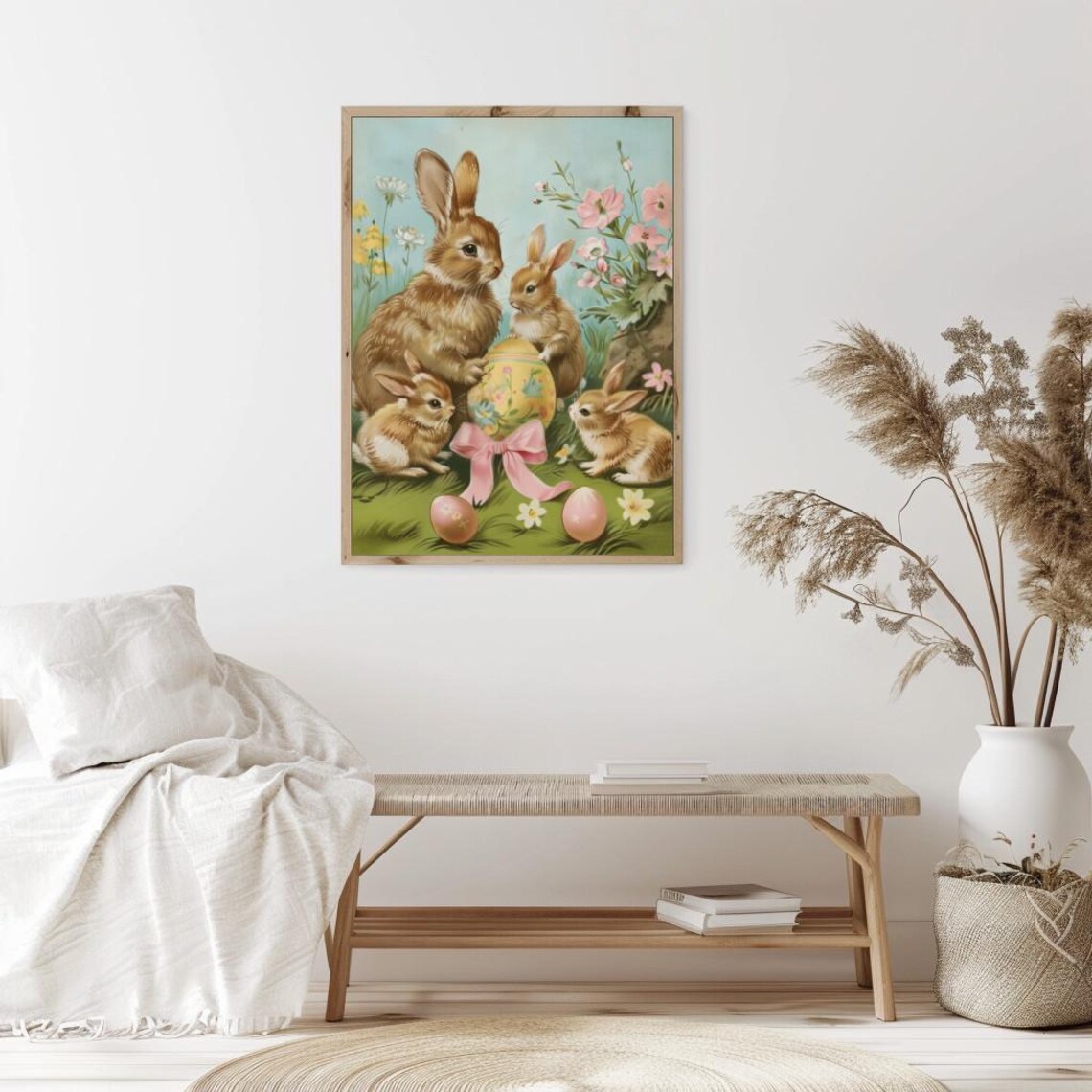 Four Bunnies With Decorated Easter Eggs And Pink Bow Vintage Spring Poster - Image 2