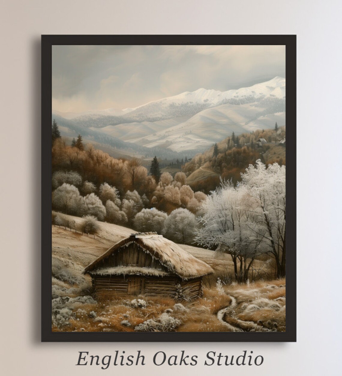 Rustic Wooden Hut Snowy Mountain Valley Frost Trees Neutral Tones Poster