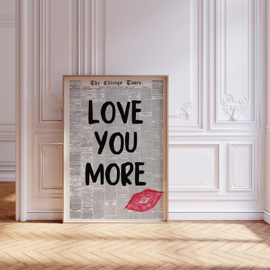 Love You More Vintage Chicago Times Newspaper Red Lips Poster - Image 7
