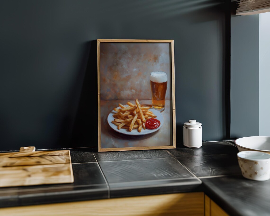French Fries Beer Ketchup Oil Painting Style Food Still Life Poster - Image 8