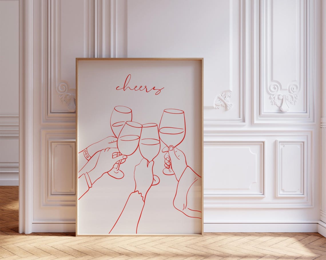 Cheers Wine Glasses Red Line Art Minimalist Kitchen Bar Poster - Image 5