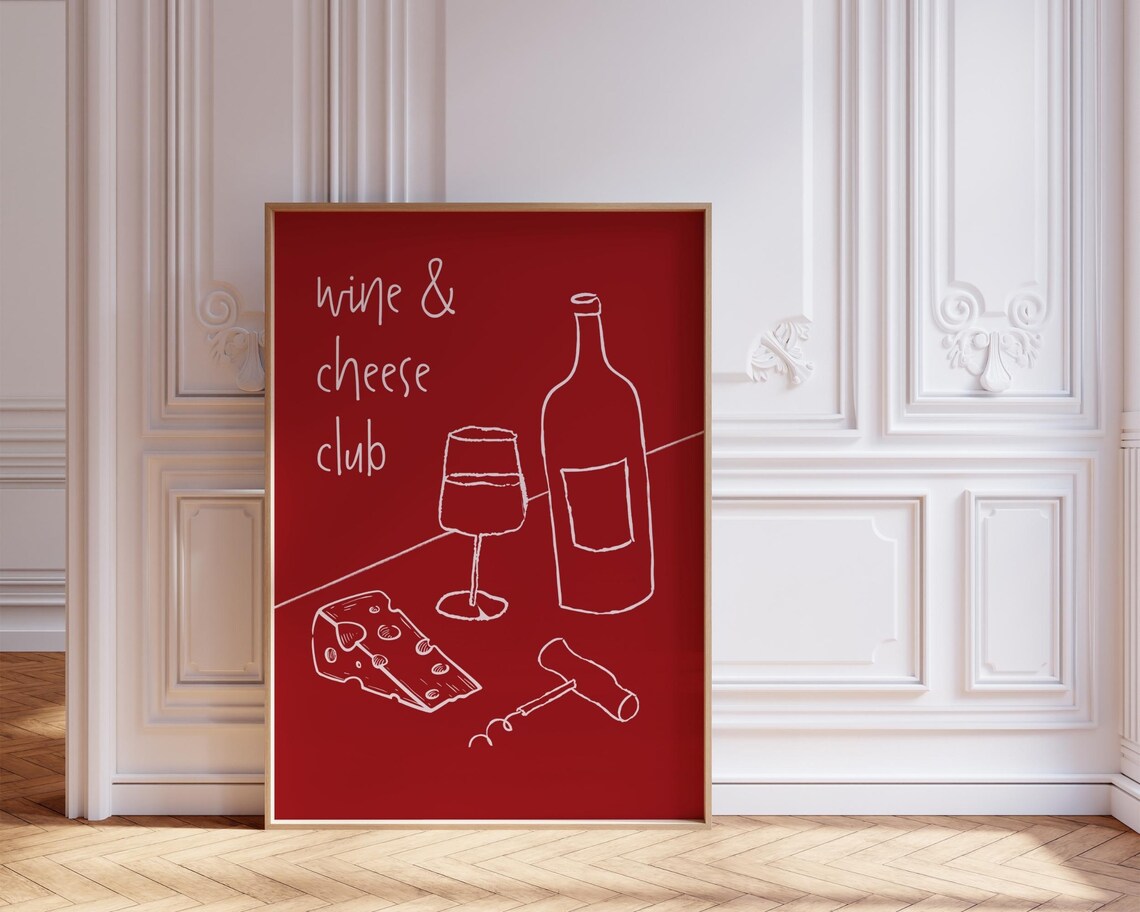 Wine and Cheese Club Red Line Art Minimalist Modern Kitchen Poster - Image 6