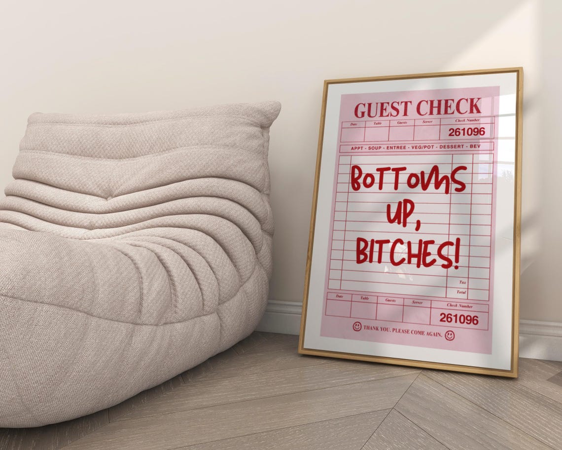 Bottoms Up Pink Guest Check Retro Quote Bar Cart Decor Poster - Image 2