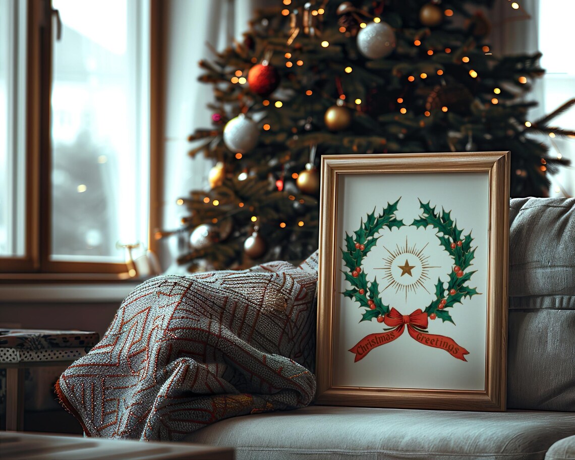 Christmas Greetings Vintage Holly Wreath Red Bow Holiday Poster - Image 7