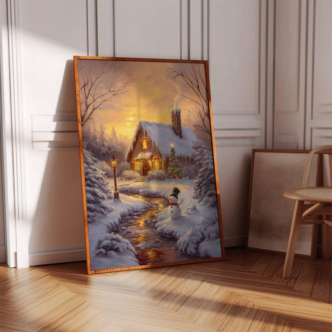 Snowy Christmas Cabin Winter Sunset Snowman Cozy Holiday Art Poster - Image 5