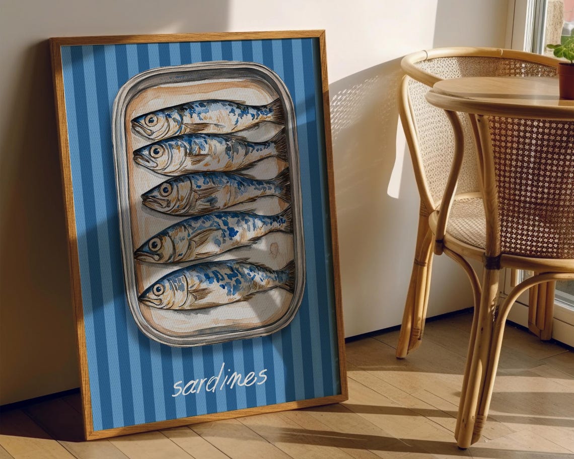 Sardines Tin Blue Striped Background Kitchen Art Illustration Poster - Image 6
