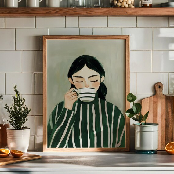 Girl With Coffee Cup Emerald Green Modern Illustration Poster