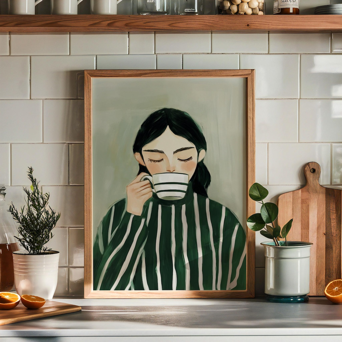 Girl With Coffee Cup Emerald Green Modern Illustration Poster