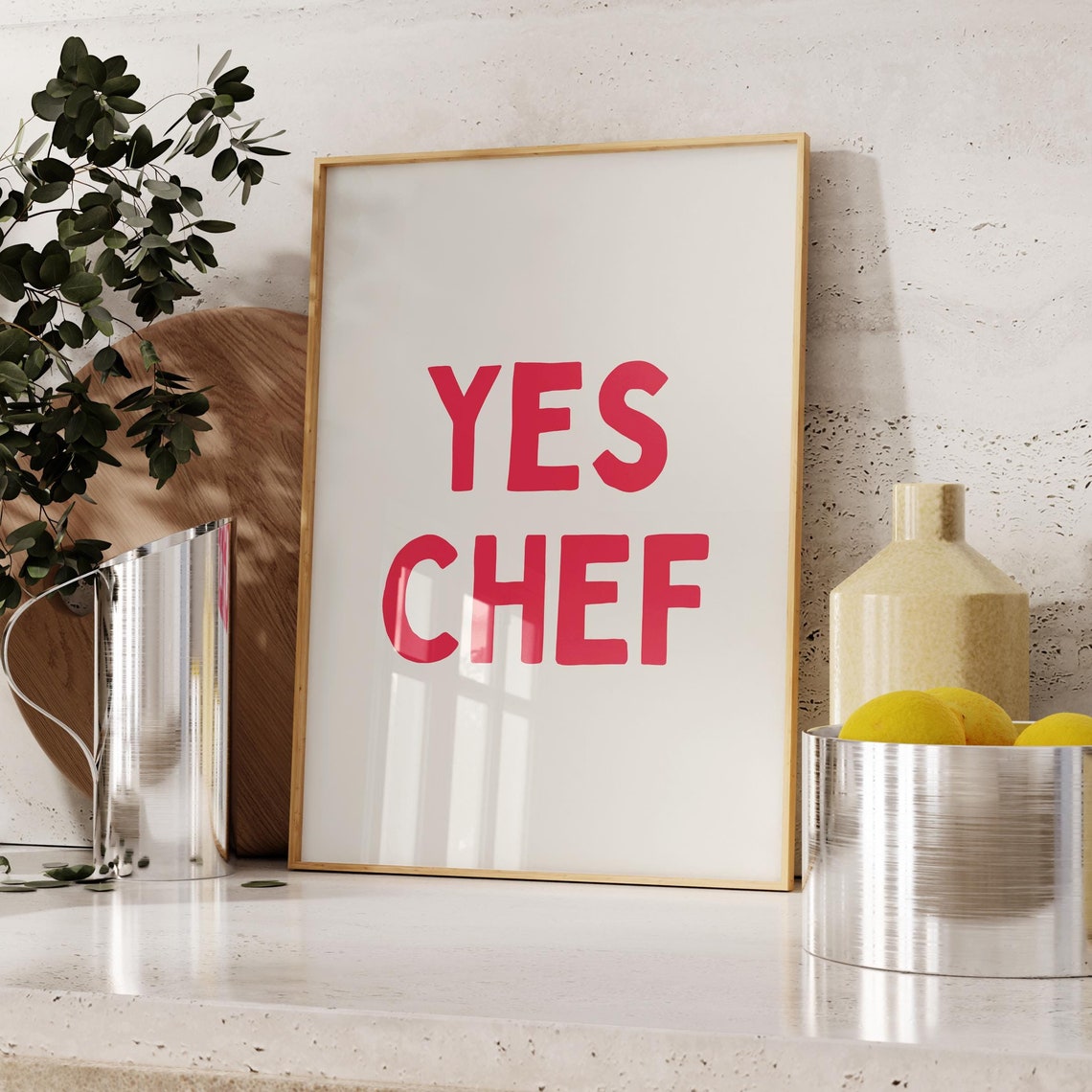 Yes Chef Bold Red Block Letters Vibrant Kitchen Attitude Art Poster