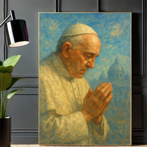 Pope Francis Praying Under Blue Sky Catholic Portrait Poster
