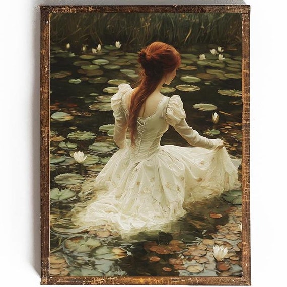 Dark Academia Wall Art For Reader Gift For Reader Vintage Maiden In Lilypad Pond Print Victorian Lady Painting Print Dark Cottagecore Decor