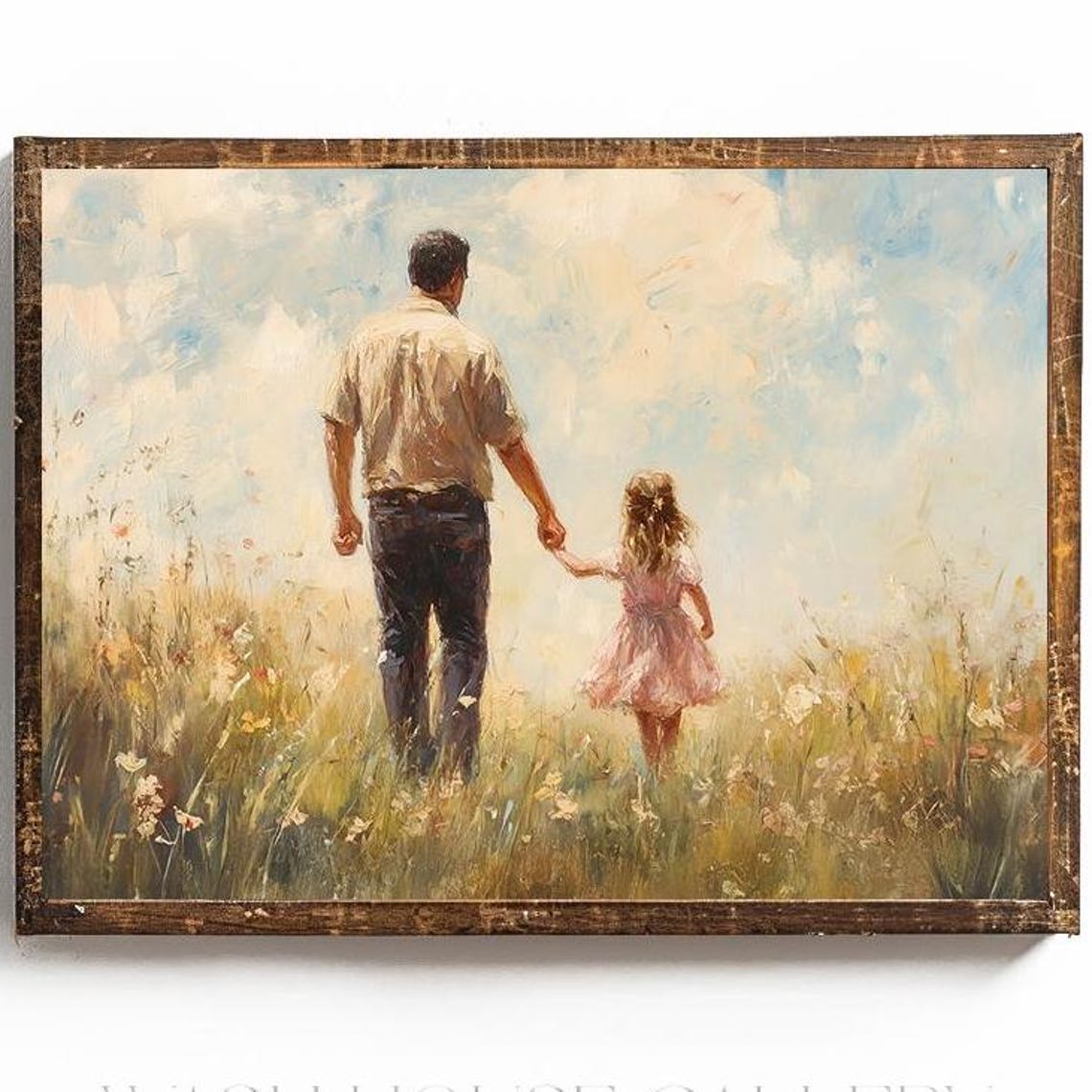 Father And Daughter Walking Hand In Hand In A Wildflower Field Poster