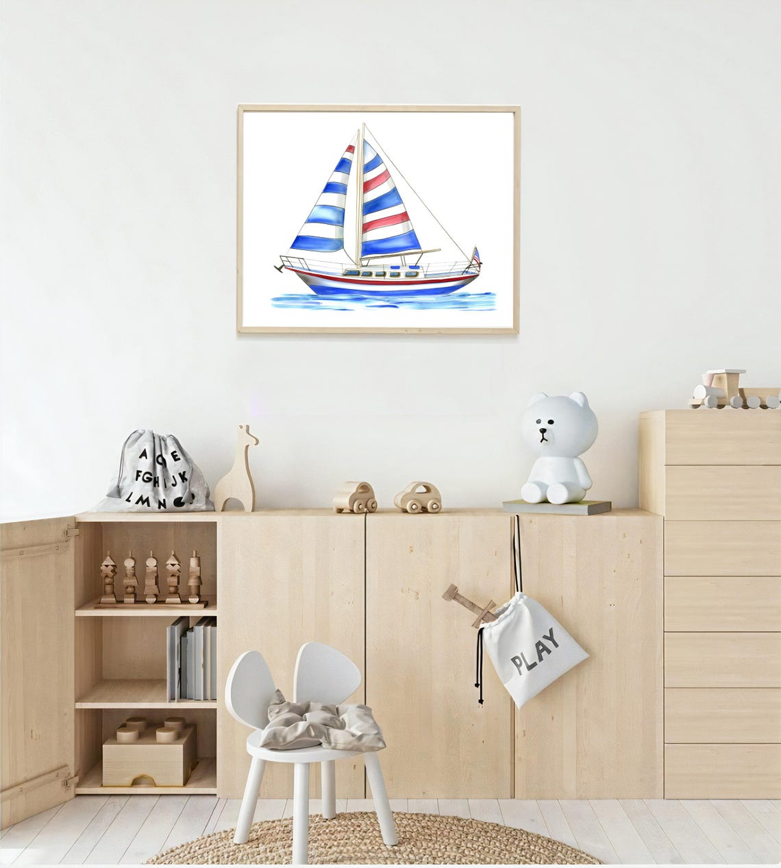 Sailboat With Red White And Blue Striped Sails Nautical Art Poster - Image 3