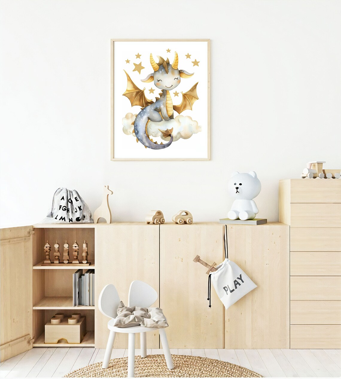 Happy Baby Dragon With Golden Wings On Cloud Nursery Art Poster - Image 3