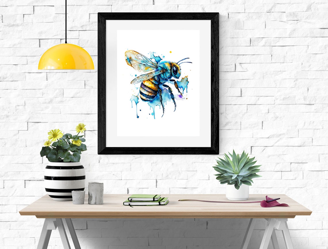 Blue and Gold Bumblebee Watercolor Splash Detailed Insect Art Poster - Image 2