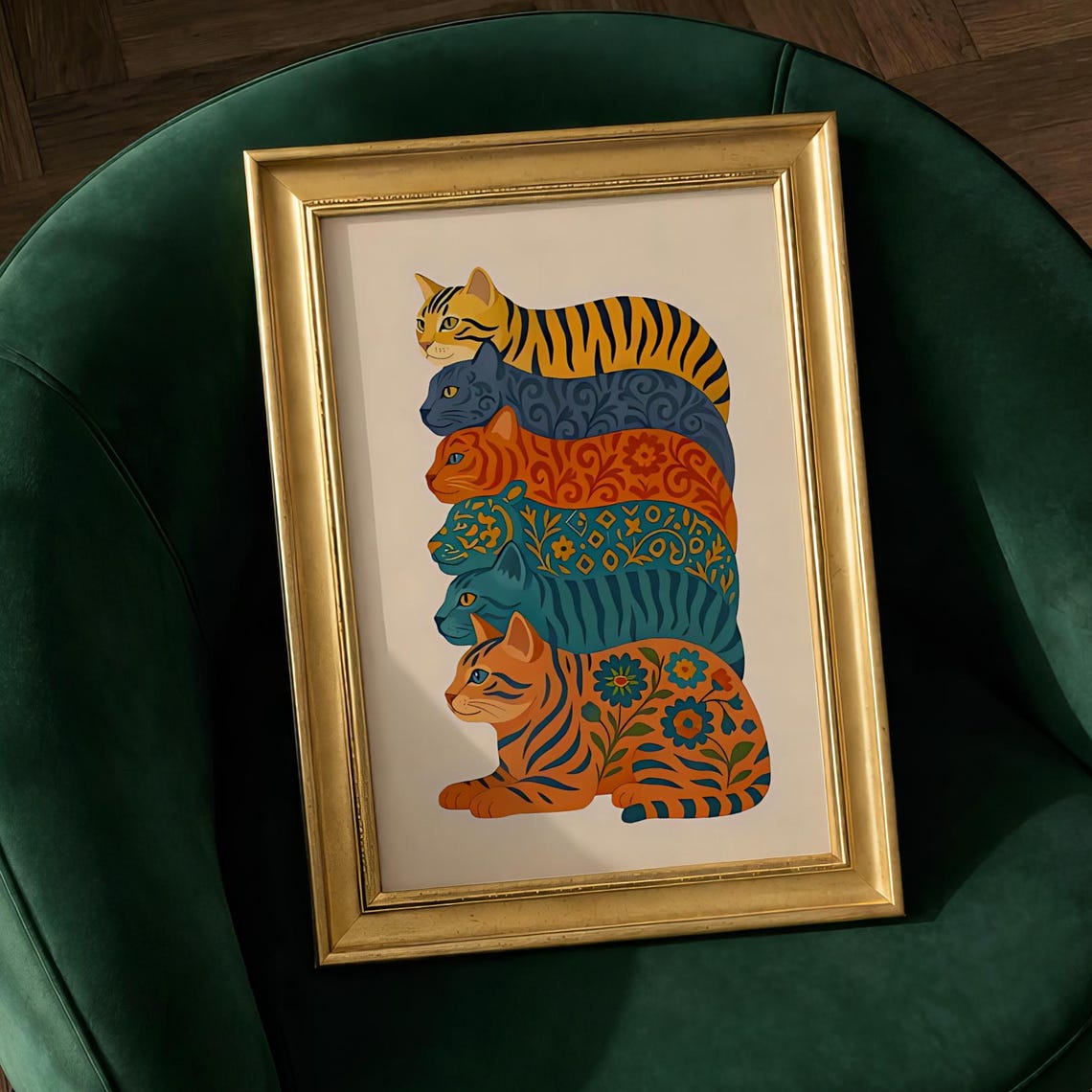 Stack Of Six Patterned Cats Tall Colorful Boho Whimsical Poster