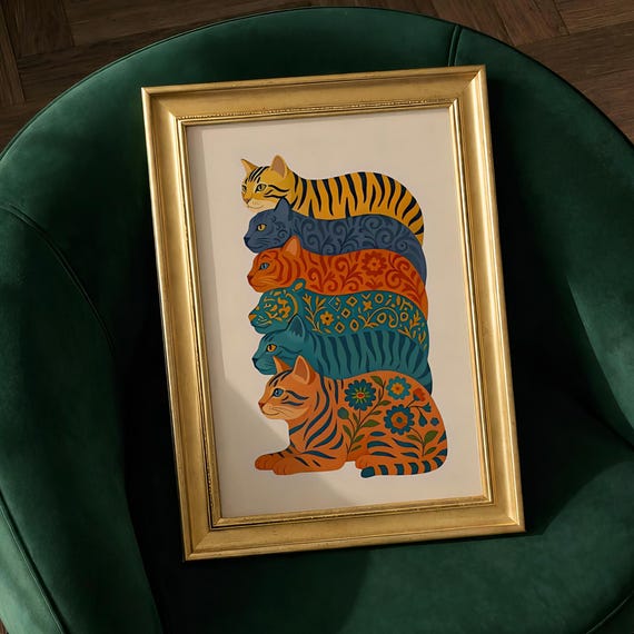 Cat Maximalist Pop Art Print Colorful Pattern Cats Poster Dopamine Decor Aesthetic Funky Pet Illustration Eclectic Boho Gallery Wall