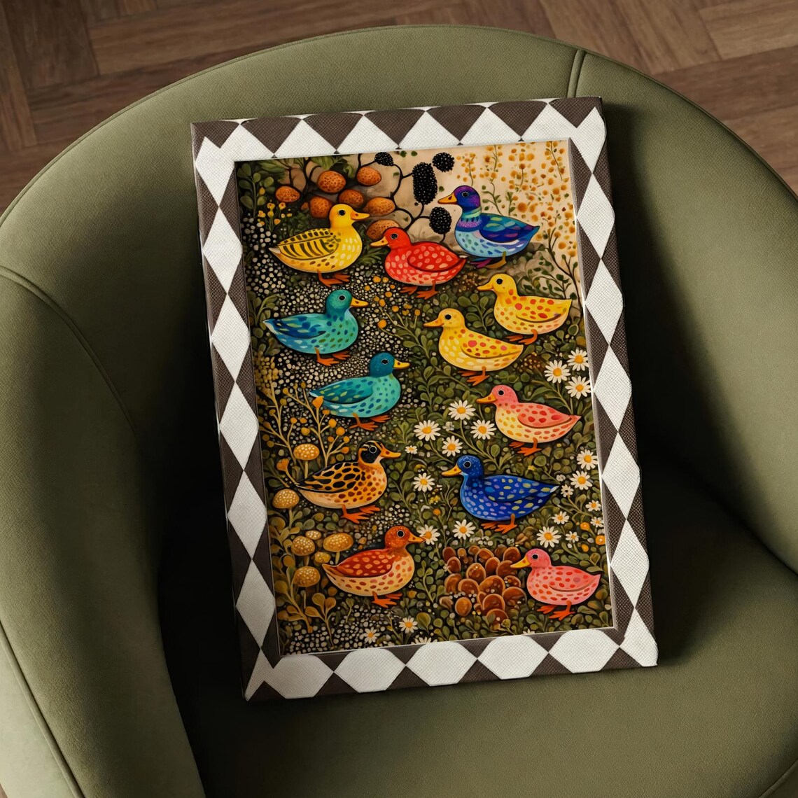 Botanical Abstract Ducks, Maximalist Kitsch Animal Pattern