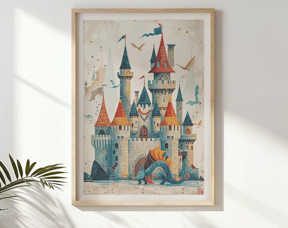 Fantasy Castle and Dragon, Nursery Wall Art Print