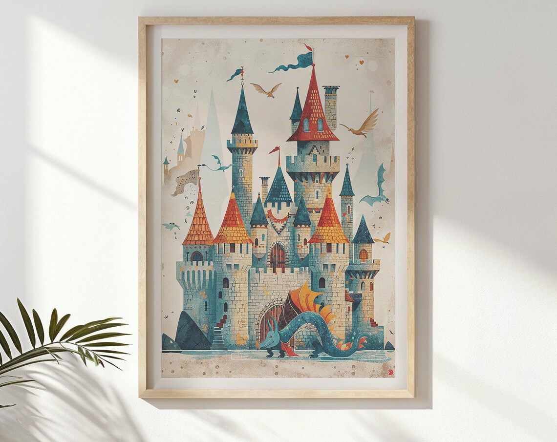 Fantasy Castle and Dragon, Nursery Wall Art Print