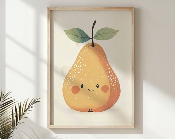 Smiling Pear Nursery Art Print, Whimsical Fruit Decor