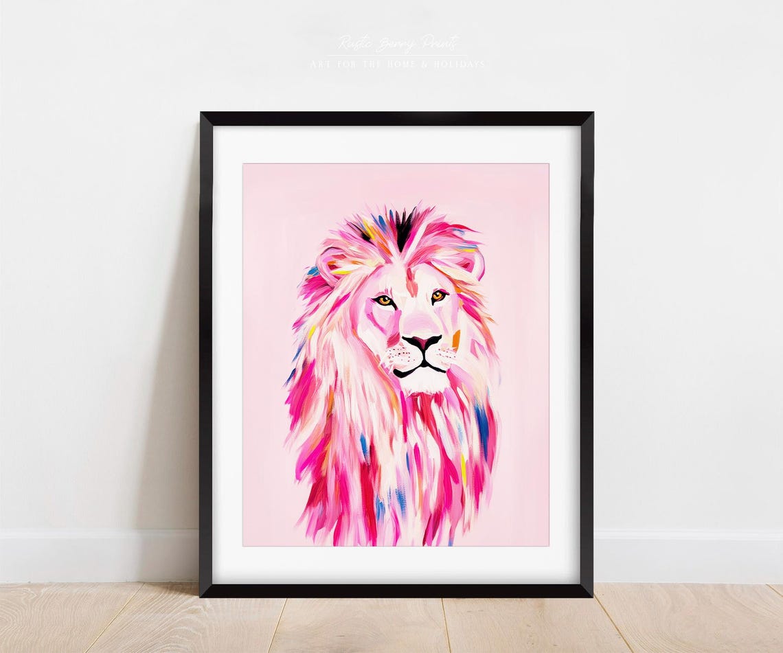 Pink Lion Portrait Colorful Pop Art Painting Whimsical Wall Art Poster - Image 3