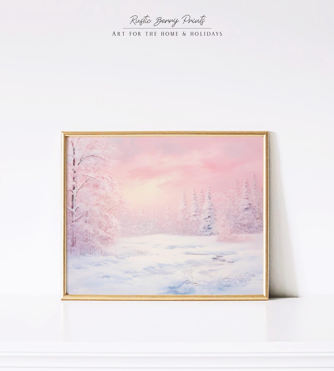 Pink Winter Landscape Blush Snowy Trees Pastel Christmas Holiday Art