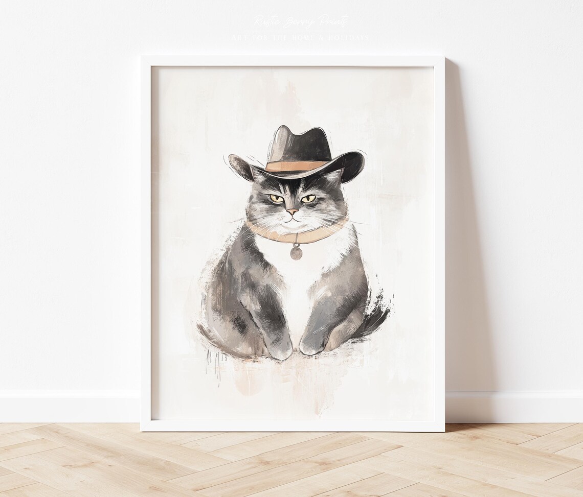 Grumpy Gray Cat Black Cowboy Hat Watercolor Cute Western Whimsy Poster