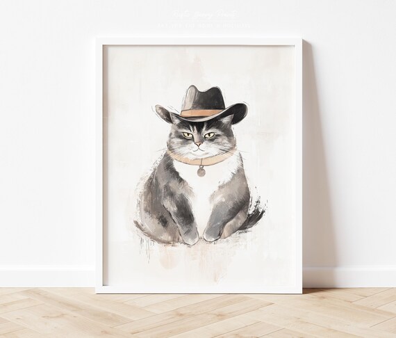 Grumpy Gray Cat Black Cowboy Hat Watercolor Cute Western Whimsy Poster