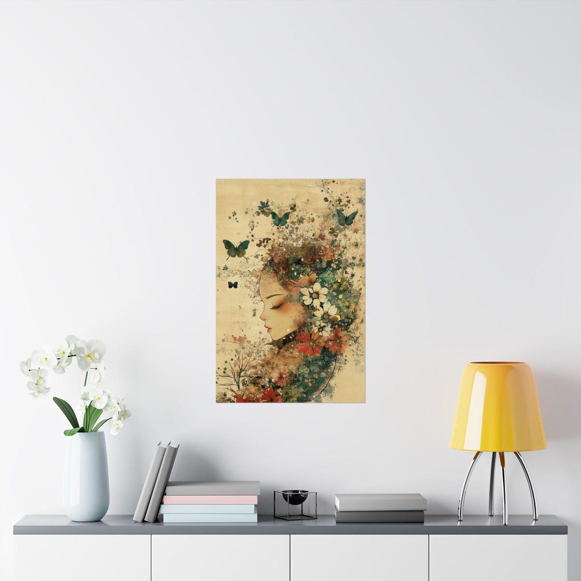 Woman Profile Blooming Flowers Butterflies Vintage Art Poster - Image 2